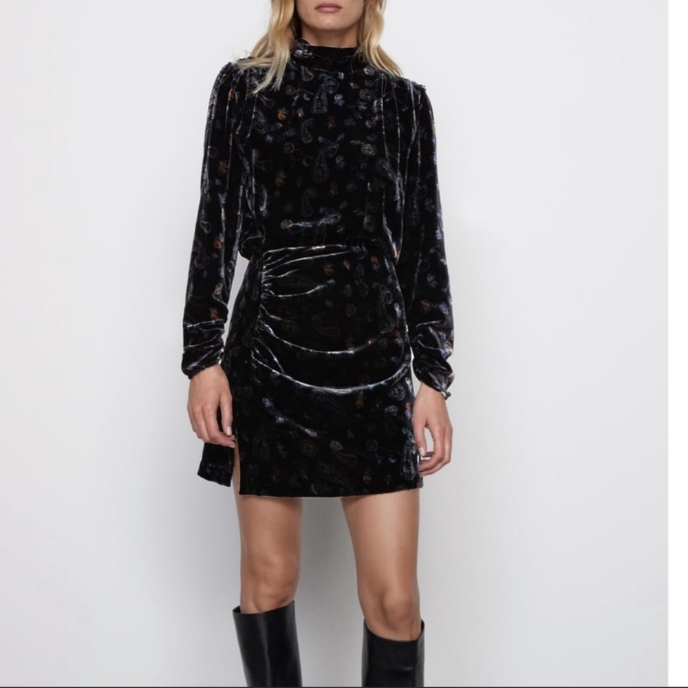 ZARA PAISLEY PRINT VELVET DRESS